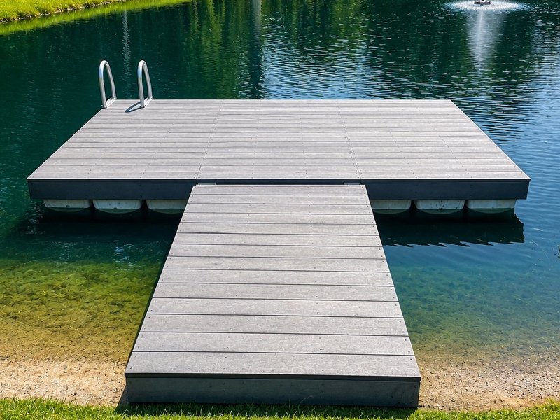 A recycled plastic lumber swim dock on a pond